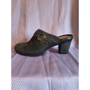 Clarks Artisan Women's 10M Gallery Open Clogs Leather Black Block Heels 31413
